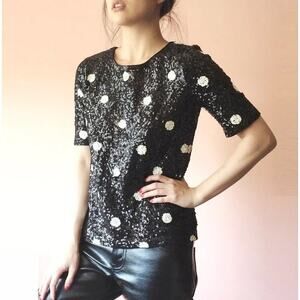 J. Crew Women's Sequin Short Sleeve Top Black White Polka Dots Blogger Favorite